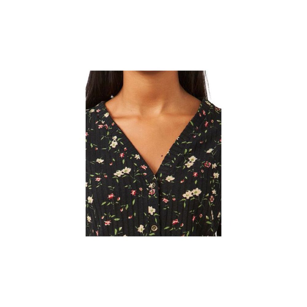RILEY&RAE Womens Black Stretch Ribbed Floral Long Sleeve V Neck Button Up Top L - Picture 2 of 3
